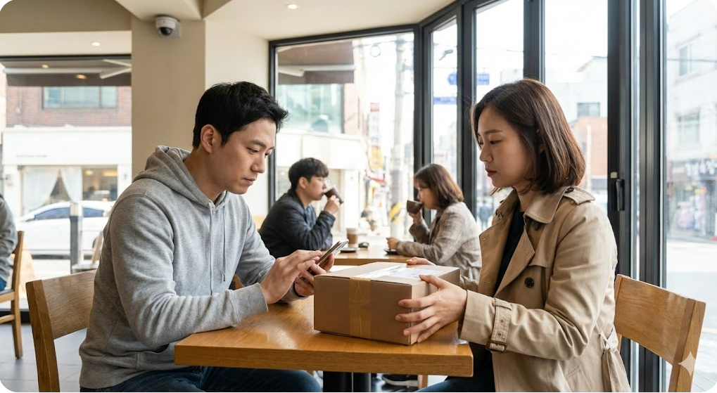 중고거래 할 때 반드시 알아야 할 주의사항과 사기 예방 대비책 총정리 7 게사람 많은 카페에서 안전하게 중고 직거래 하는 모습 1