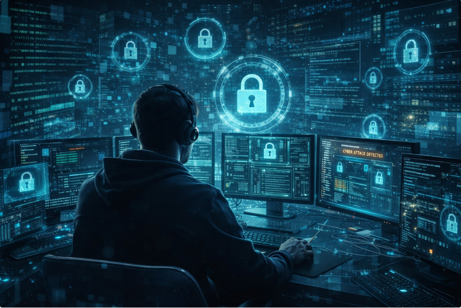사이버 보안 전문가가 여러 모니터로 해킹 위협을 분석하는 장면