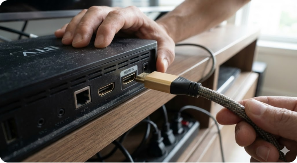 셋톱박스 뒷면 HDMI 케이블 연결 모습. 