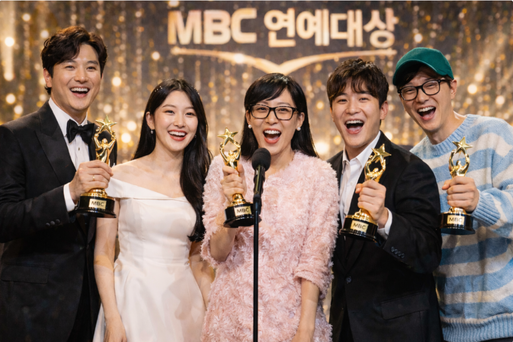 수상 무대에서 기념촬영 중인 모습