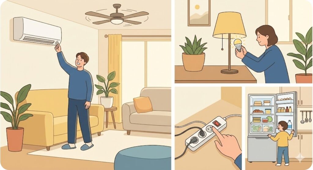 전기 절약 습관으로 에너지캐시백을 늘리는 생활 모습 이미지
