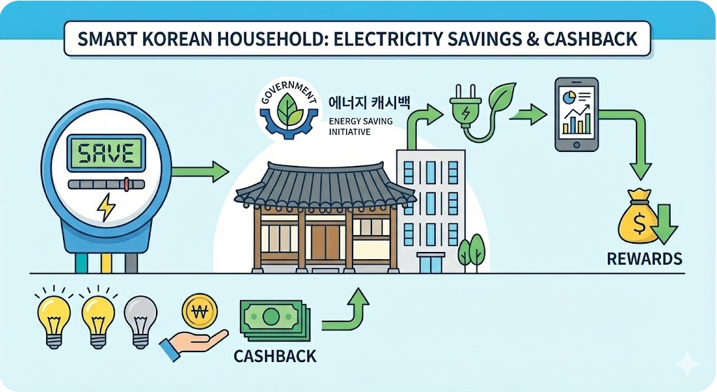 주택용 에너지캐시백 제도를 설명하는 가정 전기 절약 인포그래픽
